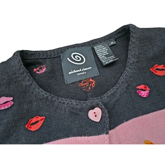 Michael Simon M Cardigan Dog Sweater Kiss Lips Embroidered Beaded Black Pink - Picture 4 of 16